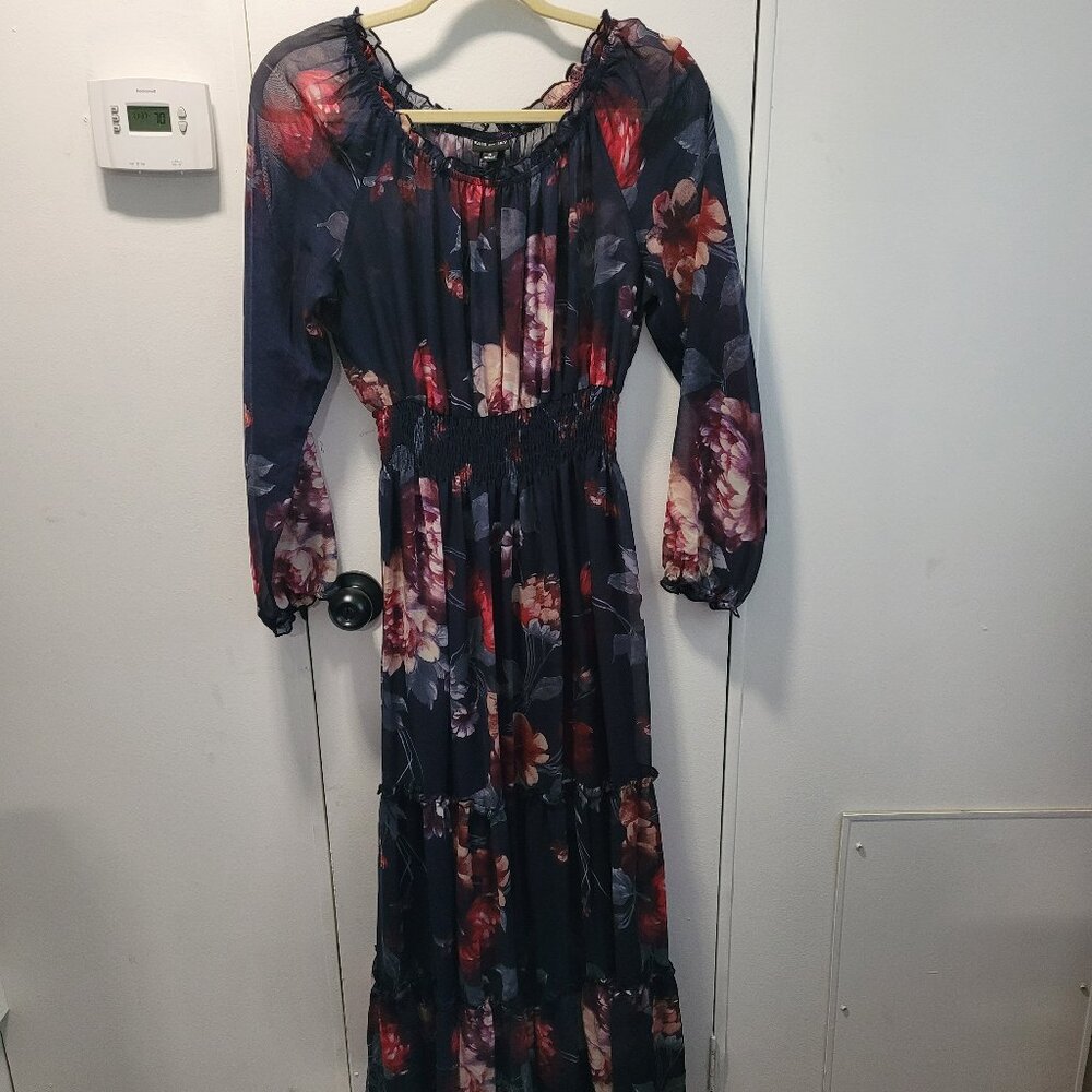 Long Sleeve Blue Floral Sheer Dress